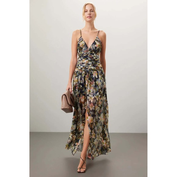 Tanya Taylor Lovette Dress Floral Maxi Sleeveless V Neck Silk Linen Slit Sz 8 - Picture 1 of 12